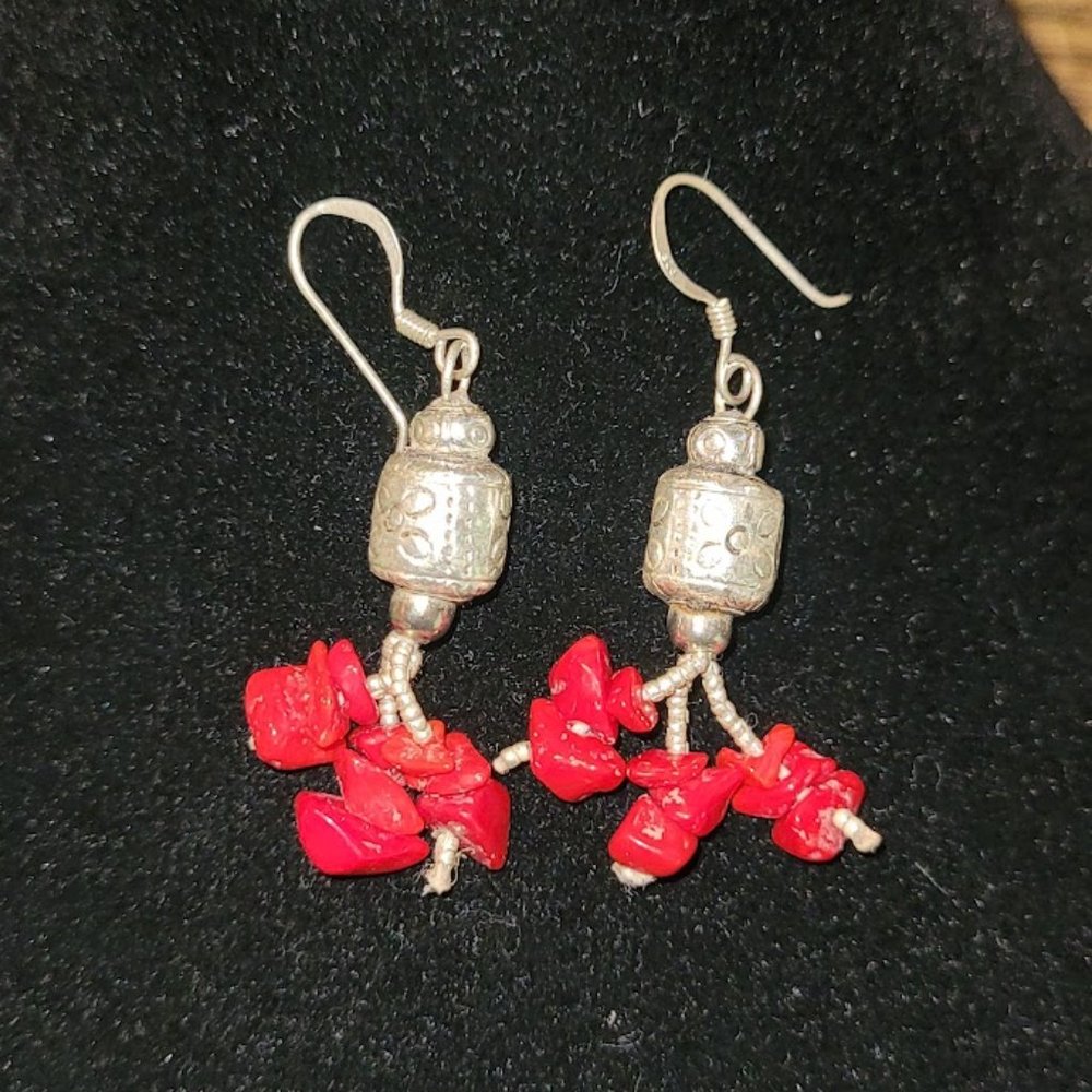 Vintage Estate Sterling Silver Red Coral Earrings